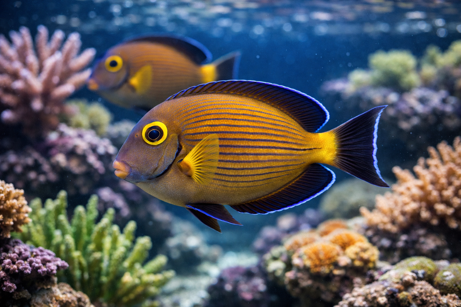 Detailed underwater photography showing healthy Kole tang fish swimming in pristine aquarium environment with coral formations, marine plant