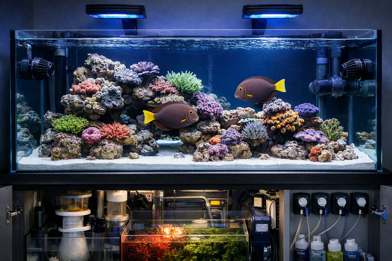 Professional marine aquarium setup photograph showing proper tank conditions for Kole tangs with live rock formations, coral placements, fil