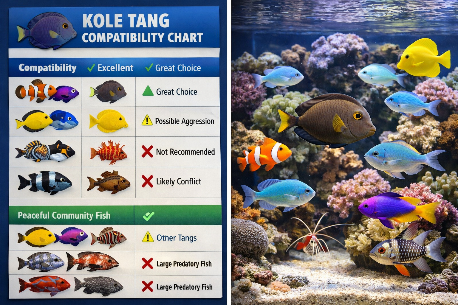 Split-screen composition showing Kole tang compatibility chart on left side with colorful fish icons and compatibility ratings, right side d