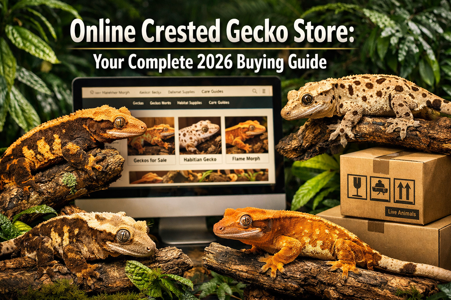 Professional landscape format (1536x1024) hero image featuring bold text overlay 'Online Crested Gecko Store: Your Complete 2026 Buying Guid