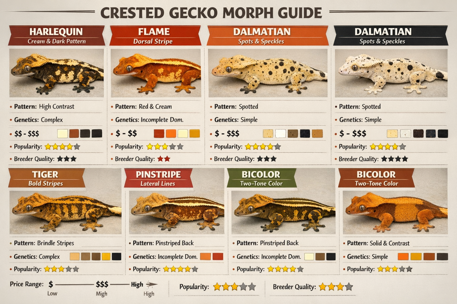 Landscape format (1536x1024) educational infographic showing crested gecko morph identification guide with six distinct morphs displayed in