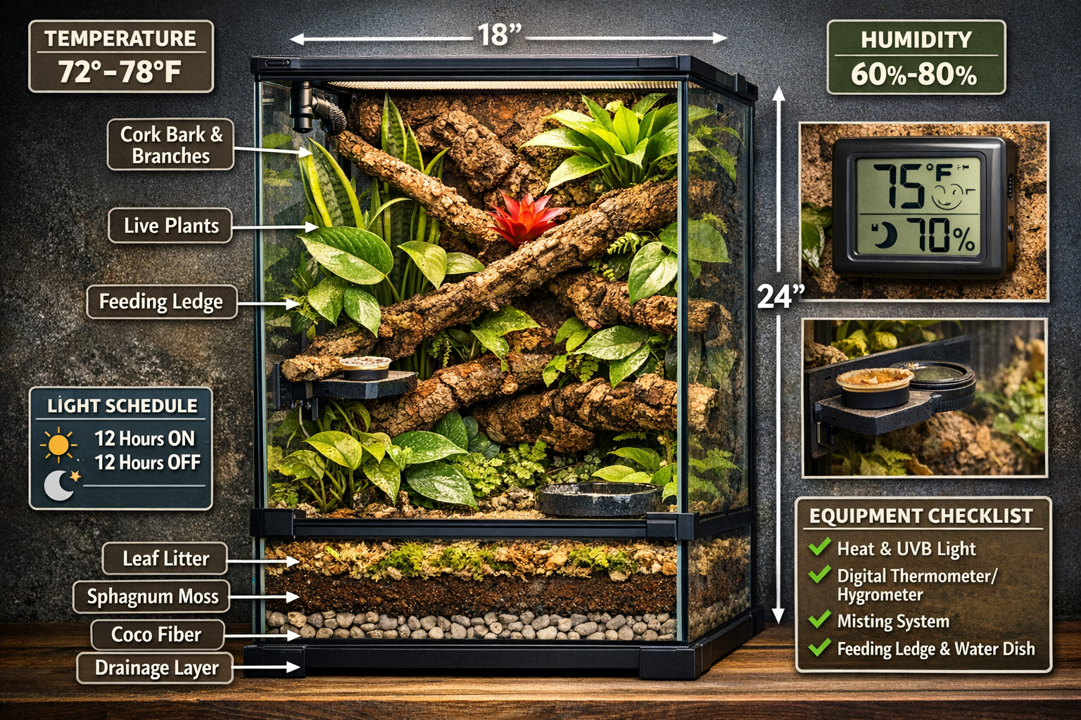 Landscape format (1536x1024) comprehensive habitat setup visualization showing complete crested gecko terrarium from multiple angles: vertic