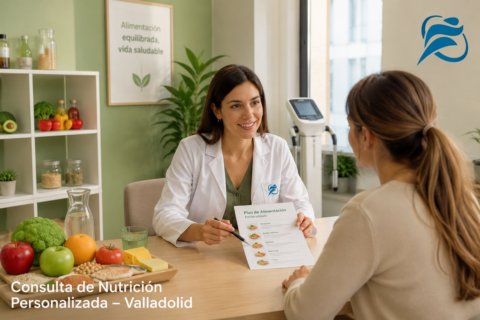 () editorial image showing a friendly female dietitian-nutritionist in a modern clinic consultation room in Valladolid,