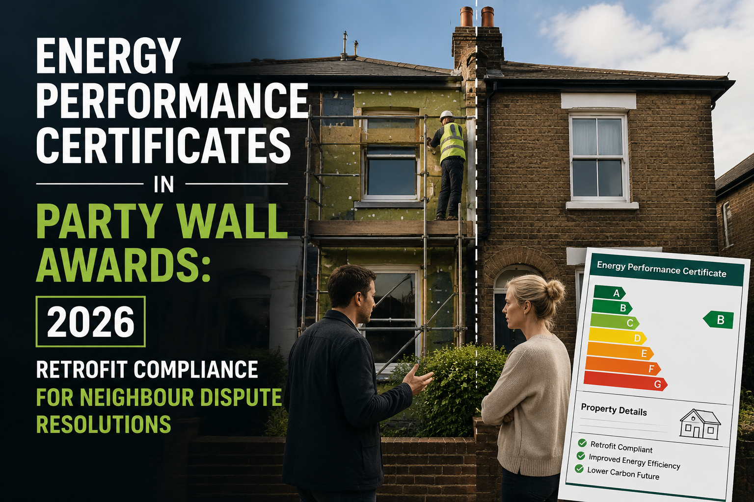 Professional landscape hero image () with : "Energy Performance Certificates in Party Wall Awards: 2026 Retrofit Compliance
