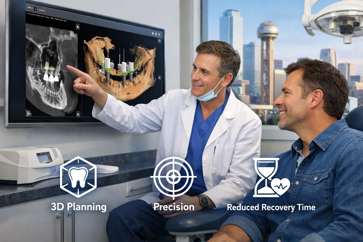 Landscape format (1536x1024) image showing a patient consulting with a Dallas dentist in a modern, well-lit clinic. The dentist is pointing 