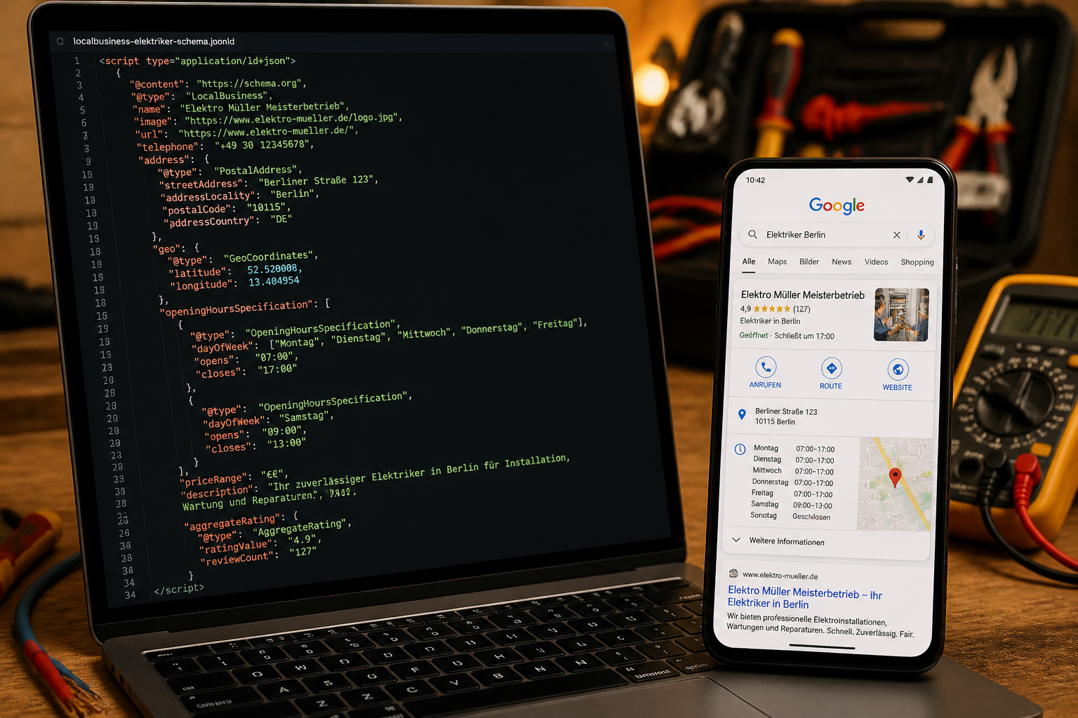 Detailliertes Querformat () Bild zeigt aufgeklappten Laptop-Bildschirm mit JSON-LD Schema-Code für LocalBusiness-Markup,