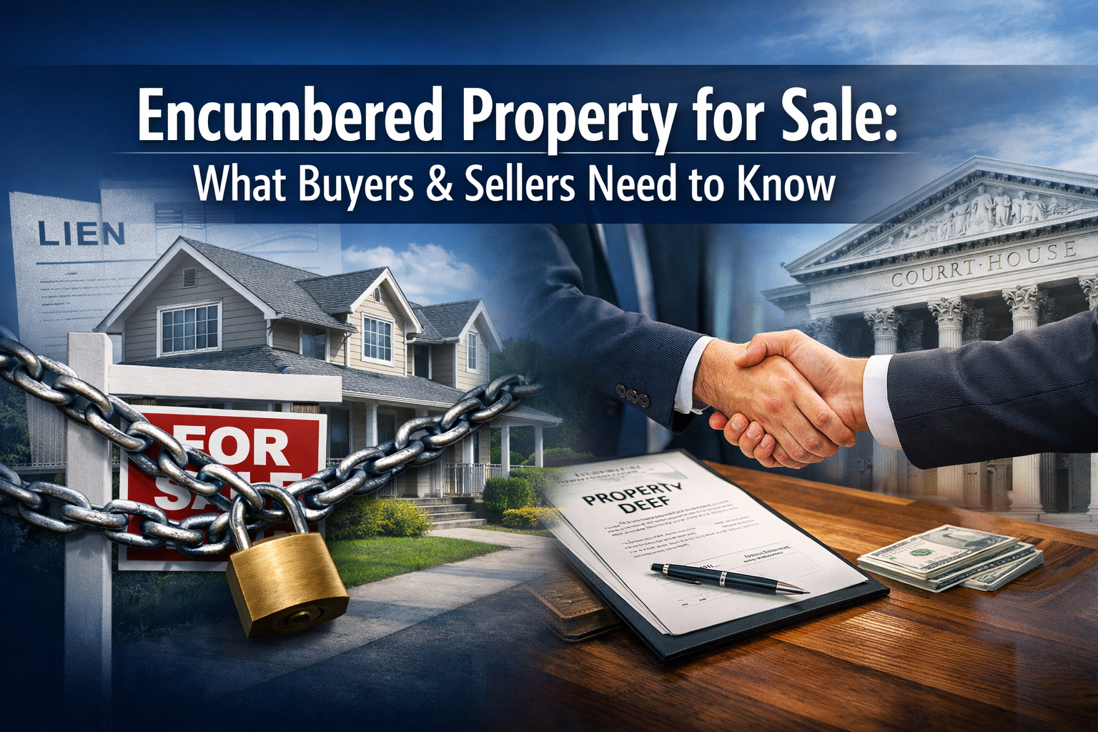 Professional landscape hero image (1536x1024) featuring bold text overlay 'Encumbered Property for Sale: What Buyers & Sellers Need to Know'