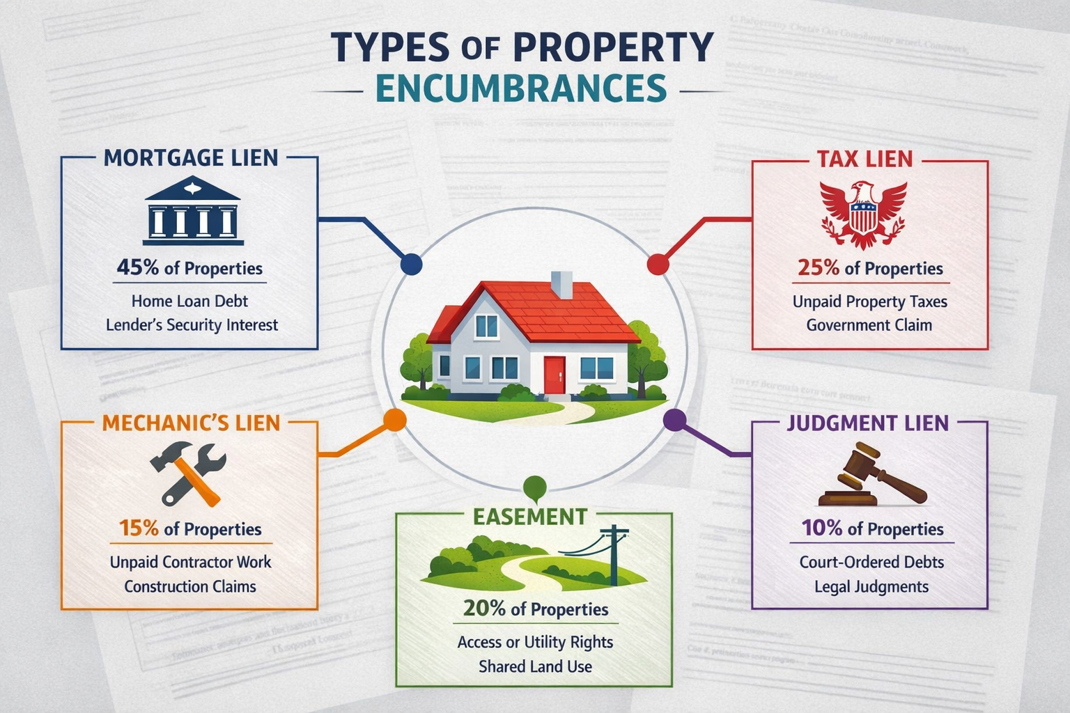 Detailed landscape infographic (1536x1024) illustrating common types of property encumbrances with visual hierarchy. Central image shows hou