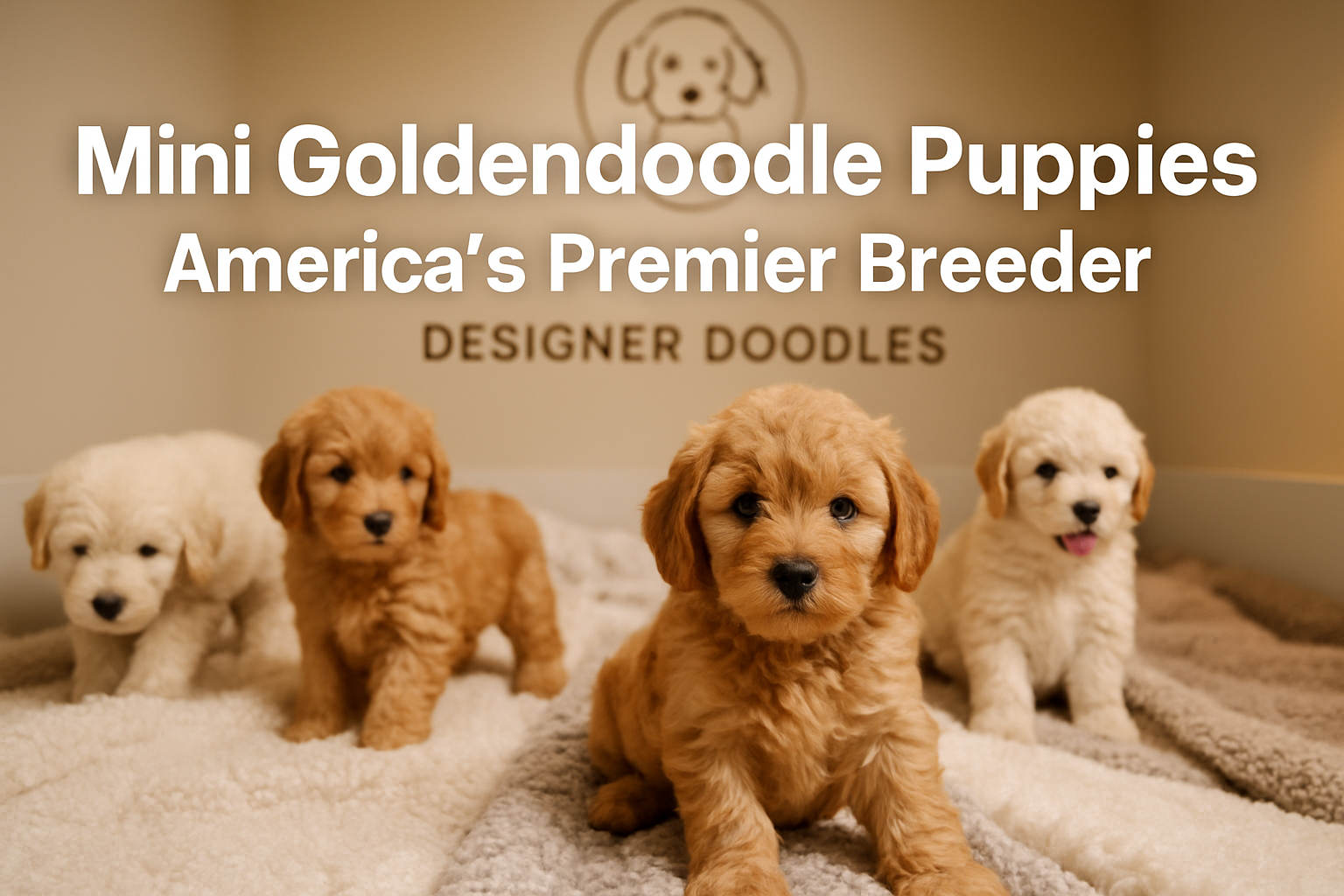 Professional landscape hero image (1536x1024) featuring adorable mini goldendoodle puppies in a premium nursery setting with Designer Doodle
