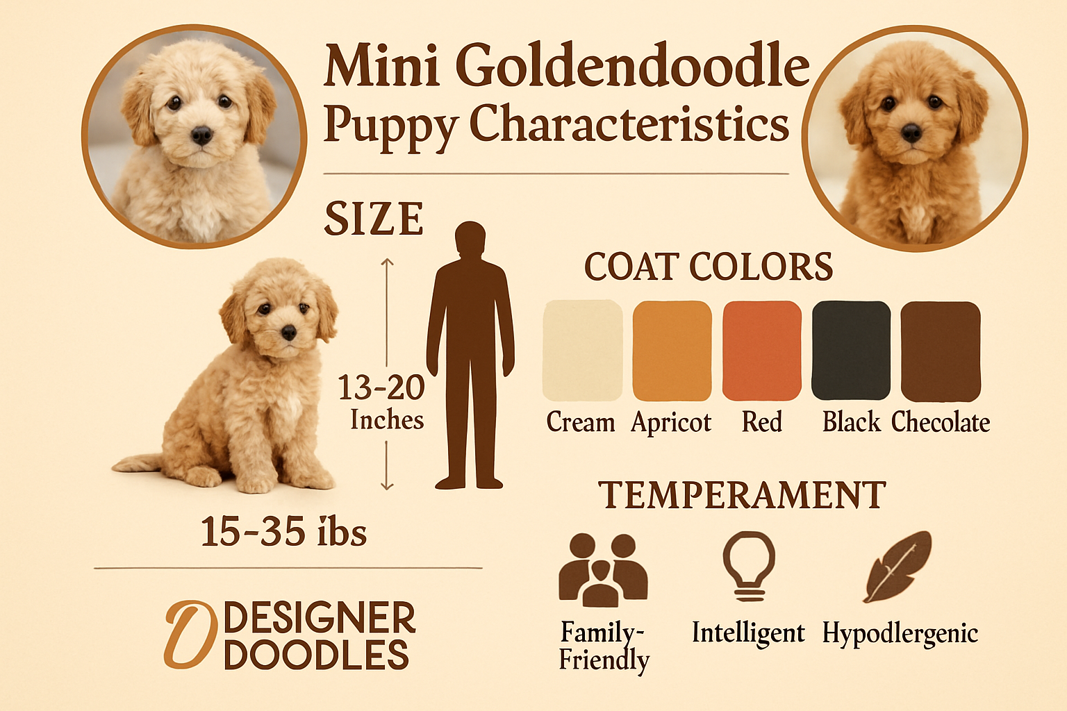 Detailed infographic showing mini goldendoodle puppy characteristics with cute puppy photos, size comparison chart (15-35 lbs, 13-20 inches)