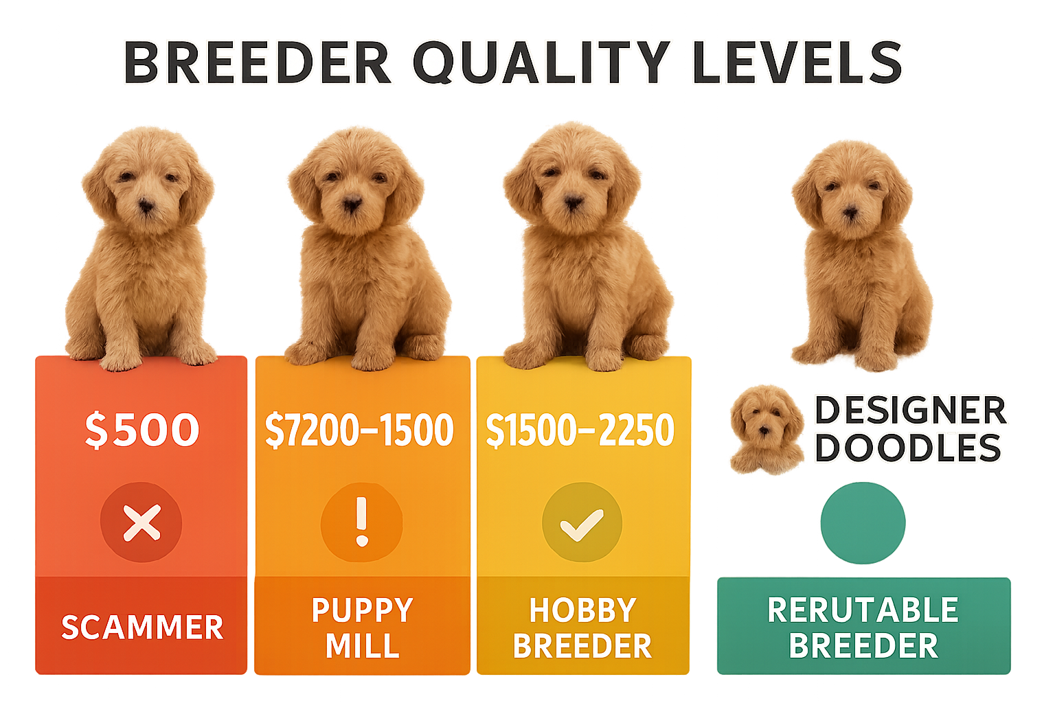 Price comparison chart visualization showing breeder quality levels - scammer ($500), puppy mill (Section Image200-1500), hobby breeder (Section Image500-2250), r