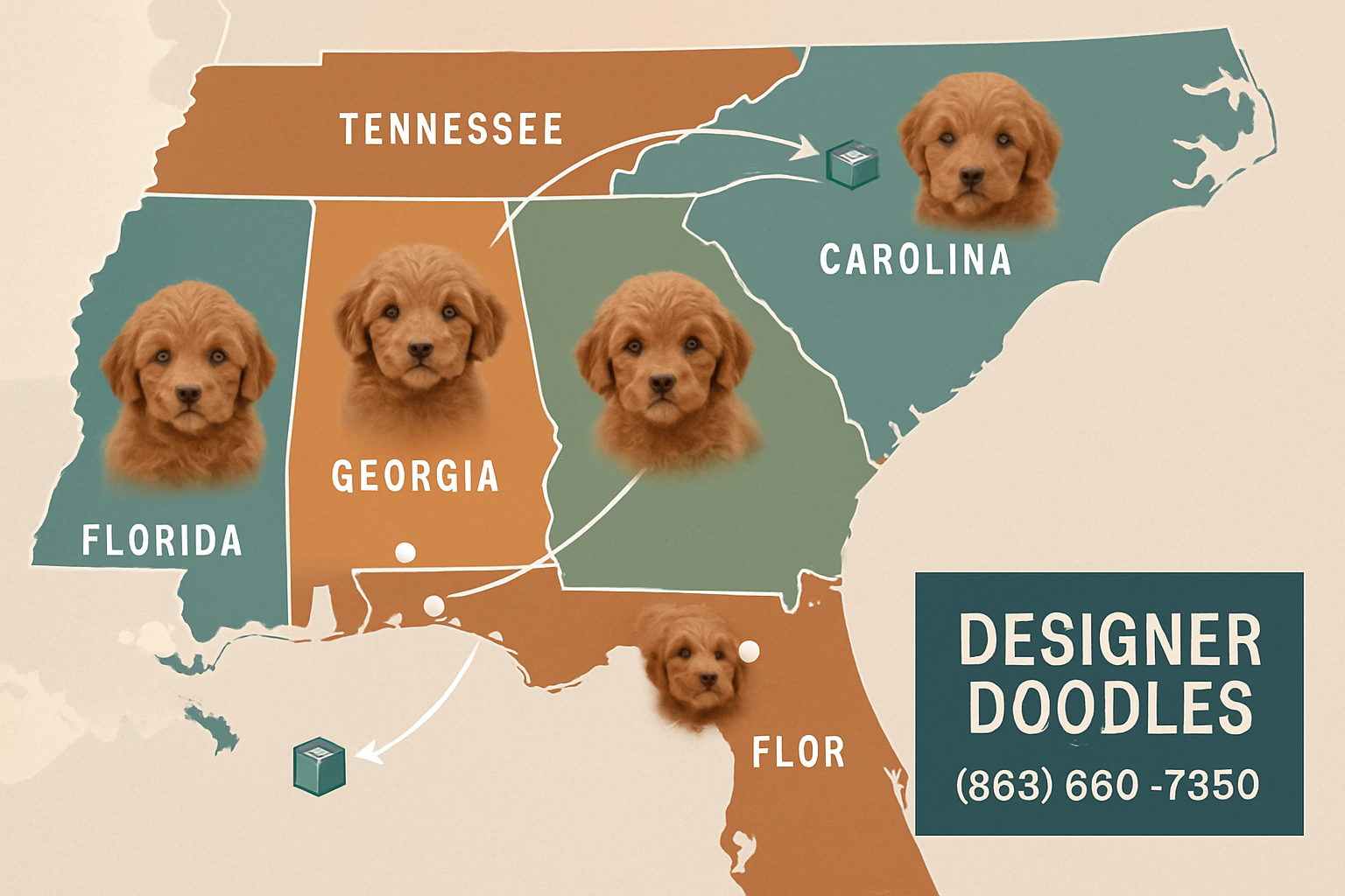Map of southeastern United States highlighting Florida, Georgia, North Carolina, Tennessee with Designer Doodles locations marked, mini gold