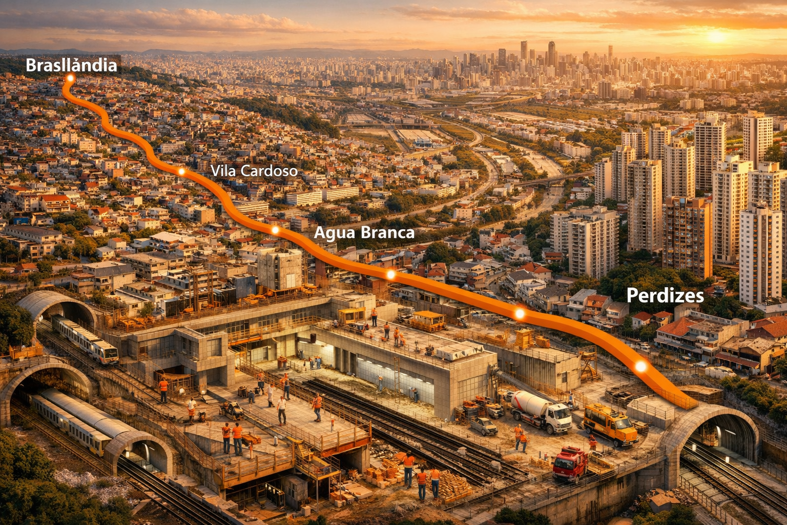 Wide aerial photographic illustration of São Paulo's Linha 6-Laranja metro corridor stretching 15.3 kilometers from