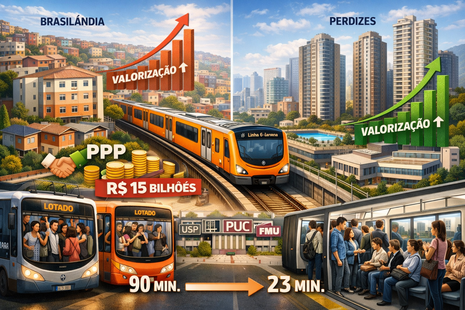 Dynamic split-scene illustration contrasting Brasilândia's emerging affordable housing market on the left with Perdizes'