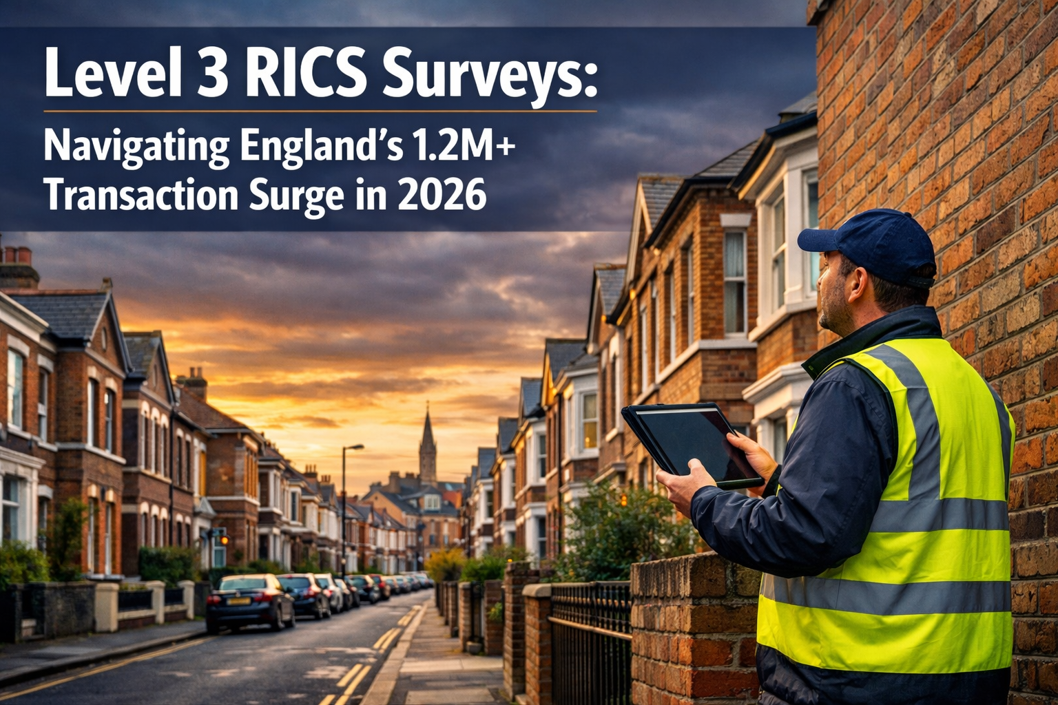 Professional () hero image with 'Level 3 RICS Surveys: Navigating England's 1.2M+ Transaction Surge in 2026' in extra large