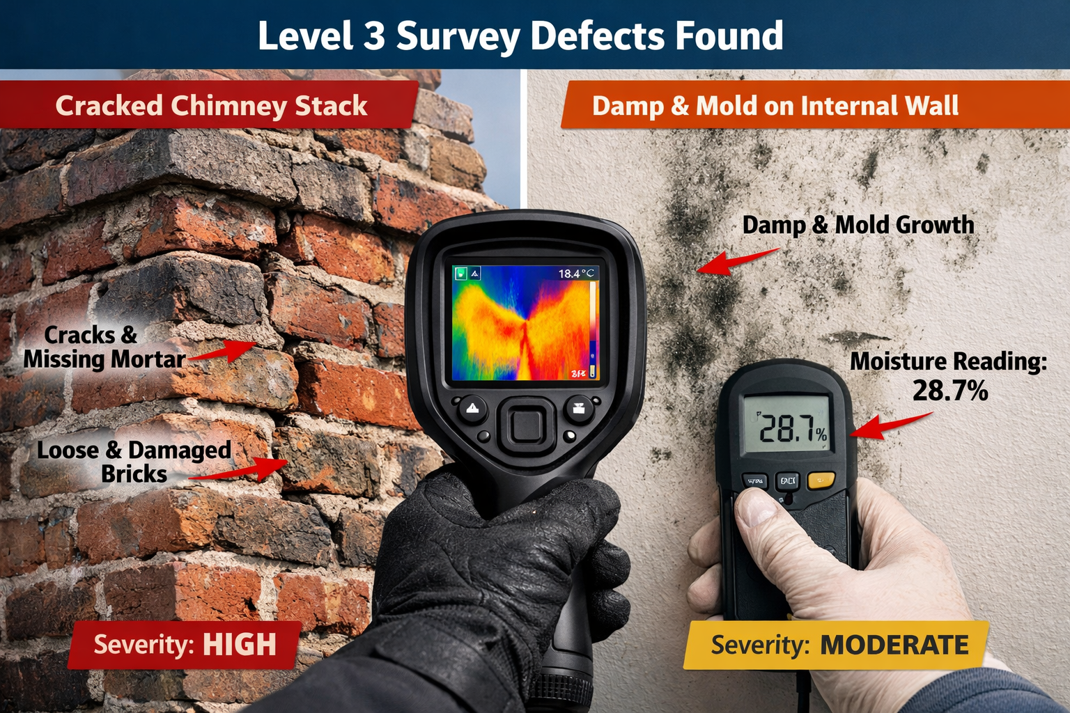 Detailed () image showing close-up split-screen comparison of property defects discovered during Level 3 survey: left side