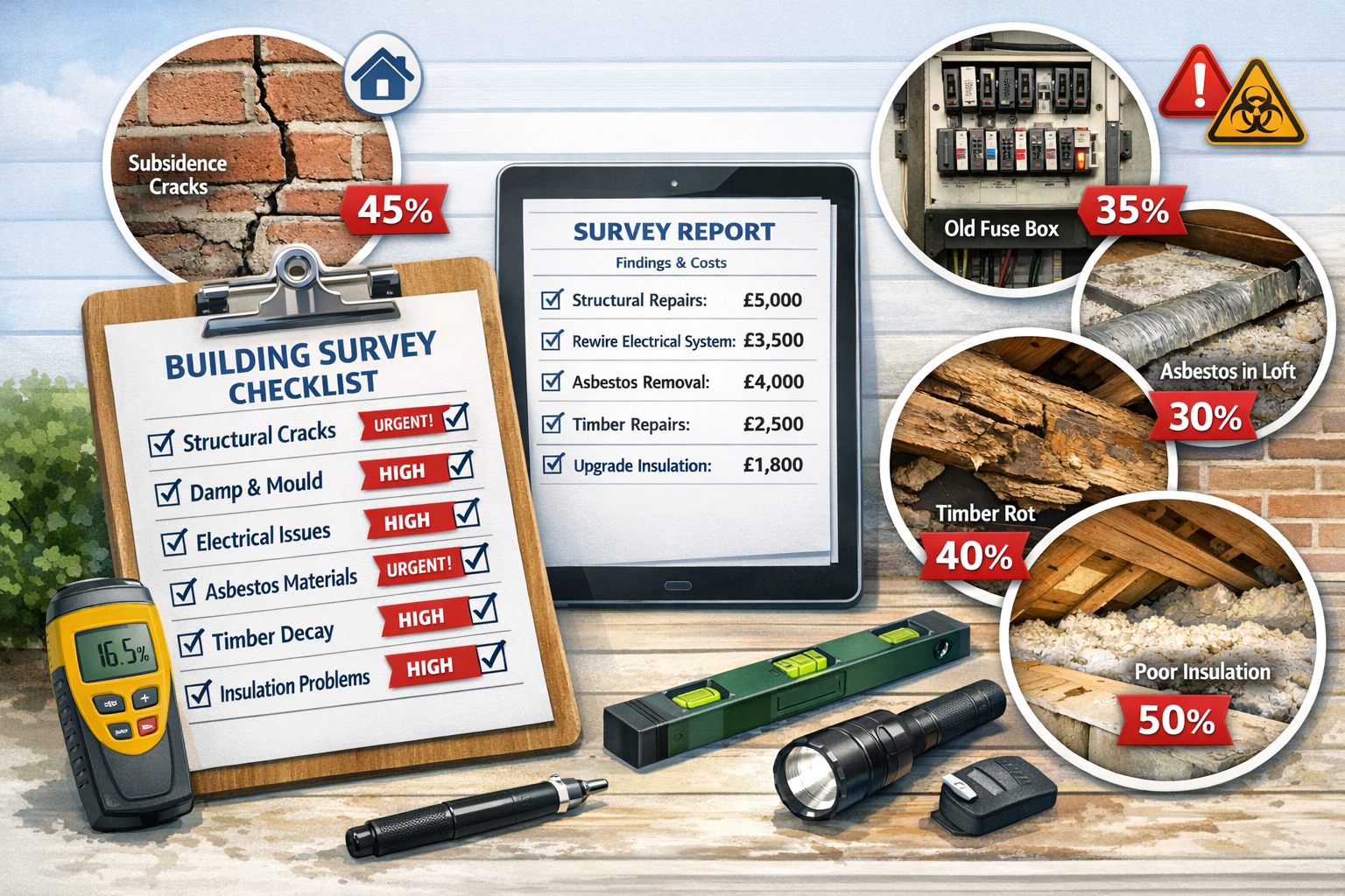 Comprehensive () infographic-style image displaying detailed building survey checklist on clipboard in foreground with