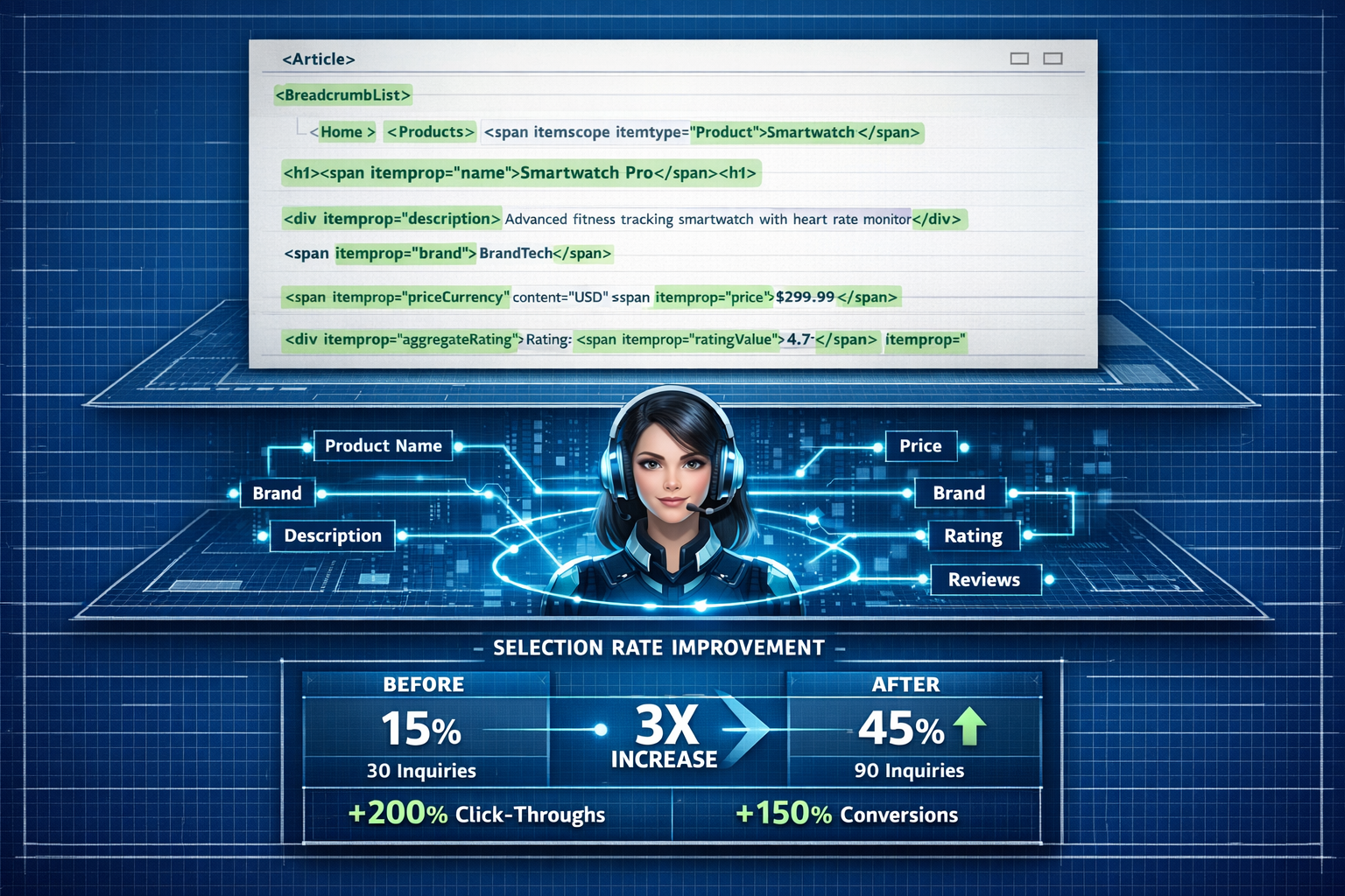 () detailed infographic showing website architecture blueprint with three distinct layers: top layer displays clean webpage