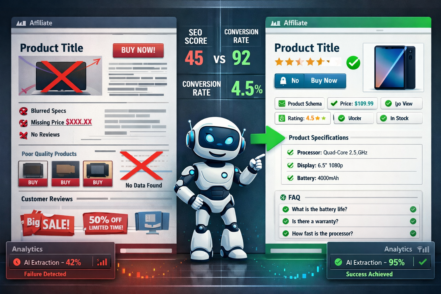 () split-screen composition showing two contrasting affiliate product pages side by side: left side displays outdated