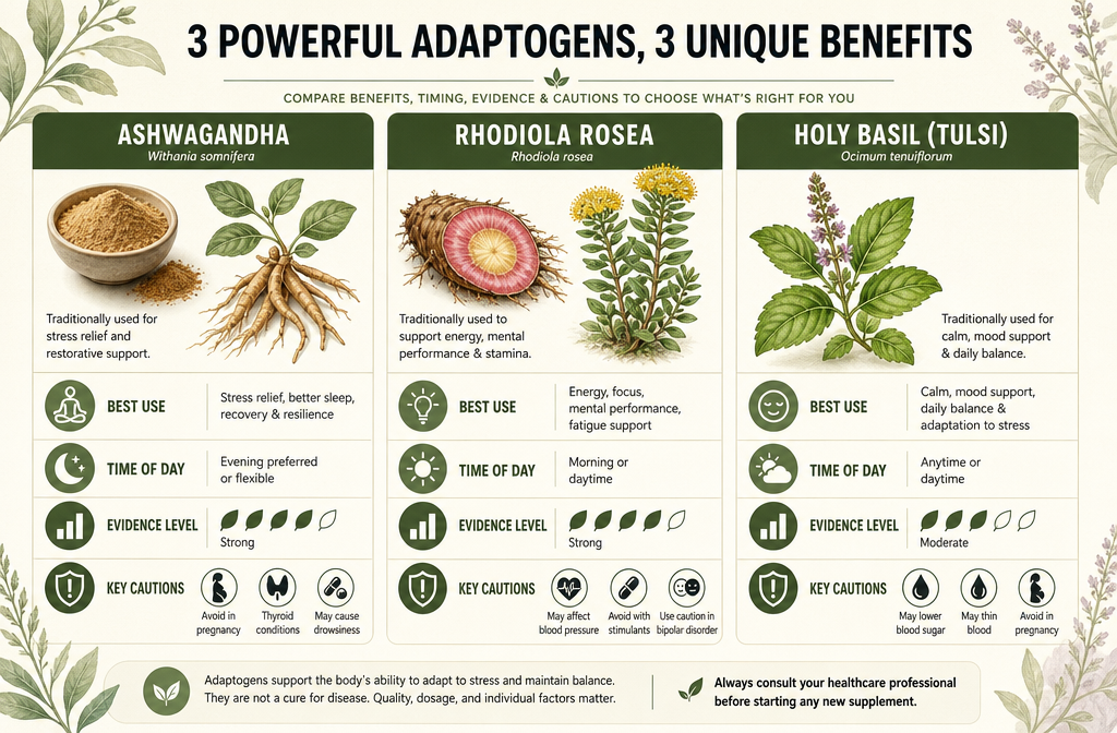 Ashwagandha vs Rhodiola vs Holy Basil: Quick Comparison Chart