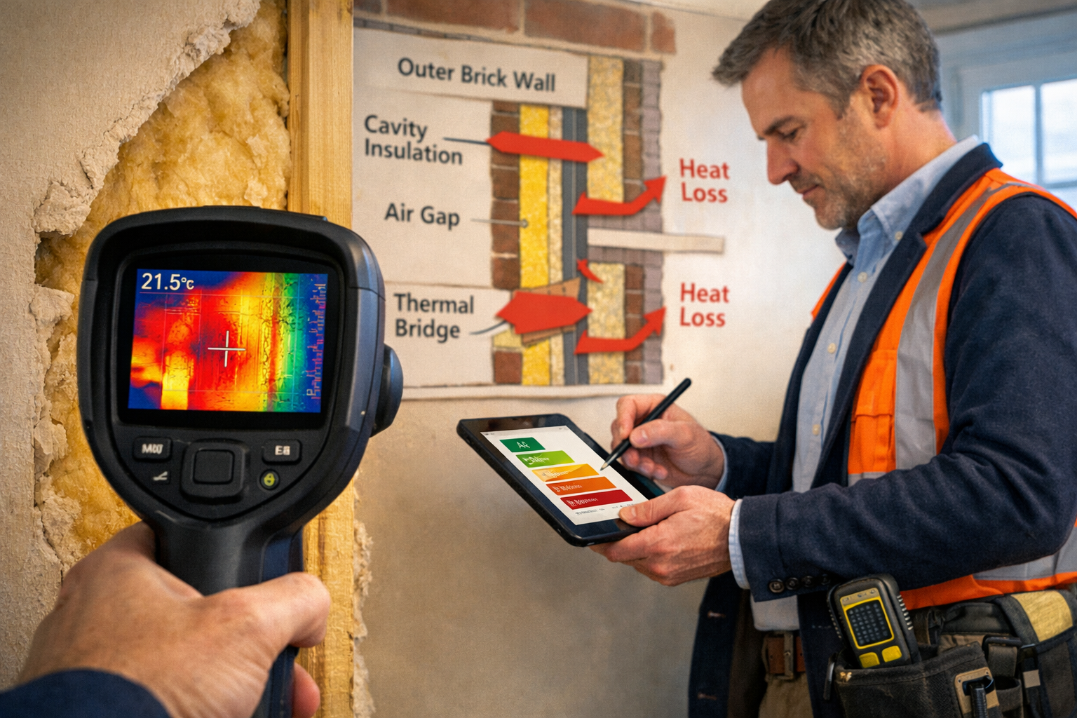 Detailed () editorial image showing close-up of professional building surveyor conducting thermal performance assessment
