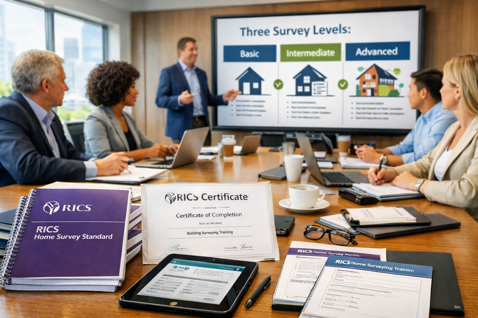 () detailed training workshop scene showing diverse group of professional building surveyors seated at modern conference