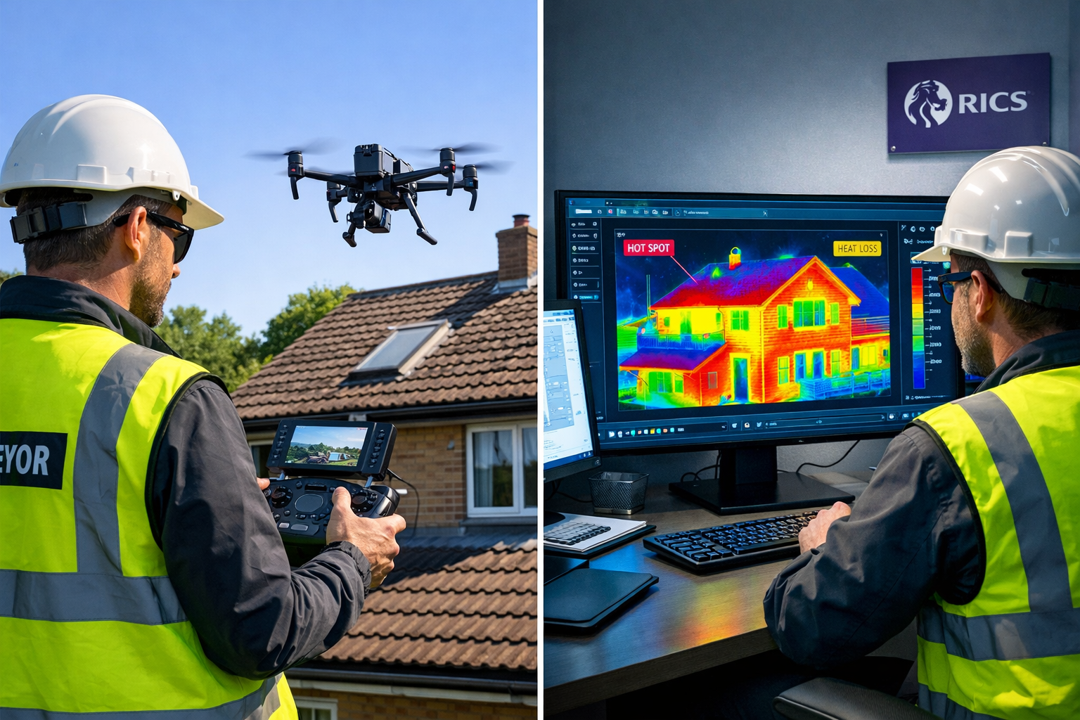 () split-screen composition showing technology integration in building surveys: left side displays surveyor using advanced