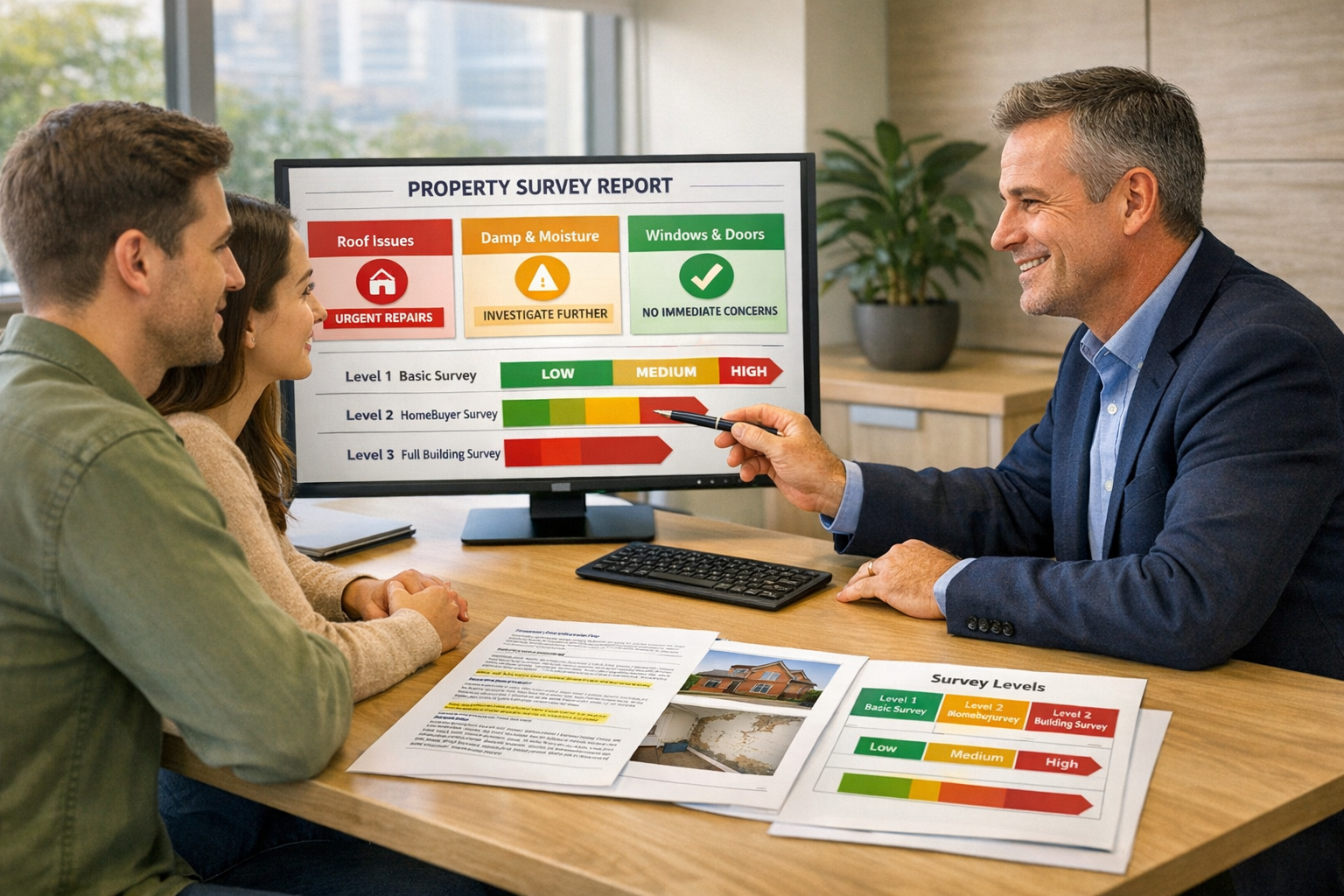() professional client consultation scene in bright modern office showing building surveyor presenting detailed survey