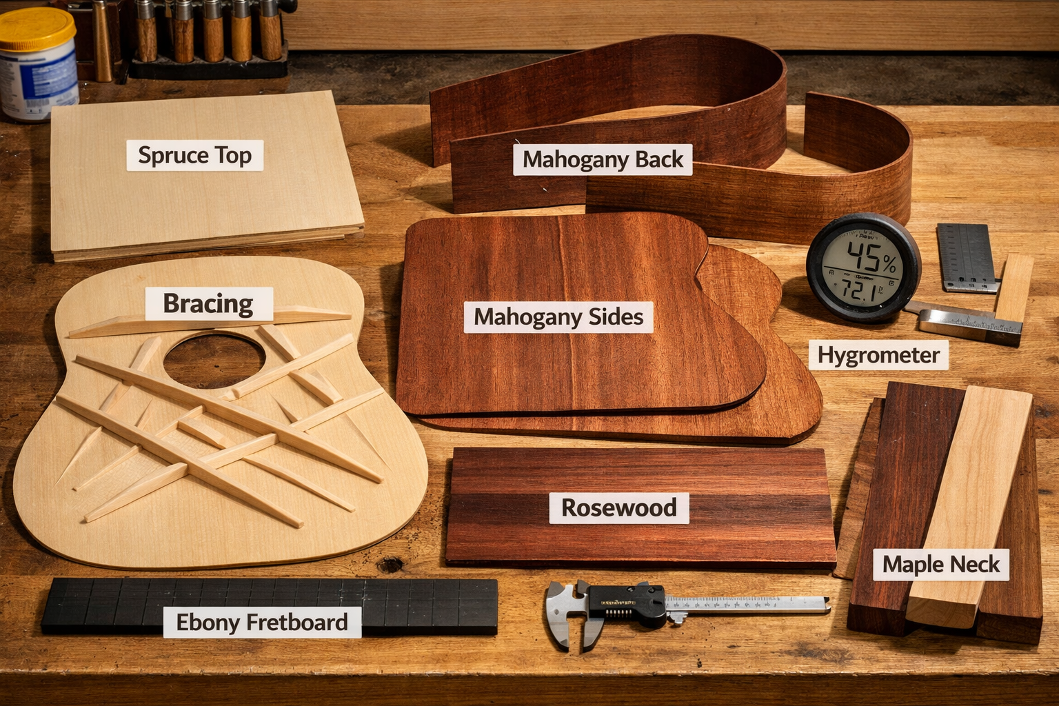 Detailed () image showing a well-organized workbench with various types of wood for acoustic guitar building (e.g., spruce