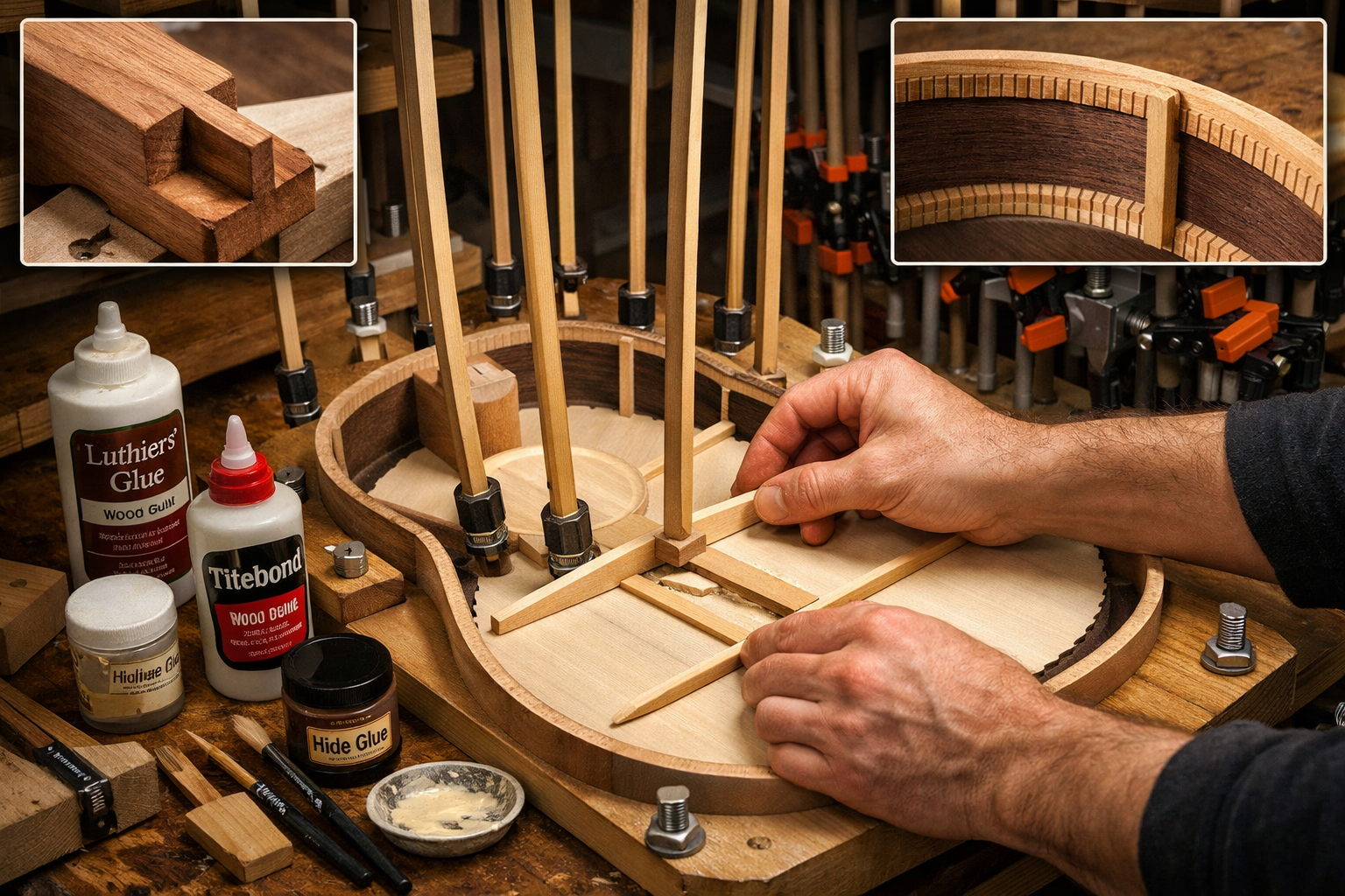 () image depicting the intricate assembly process of an acoustic guitar kit. Focus on a pair of hands carefully gluing