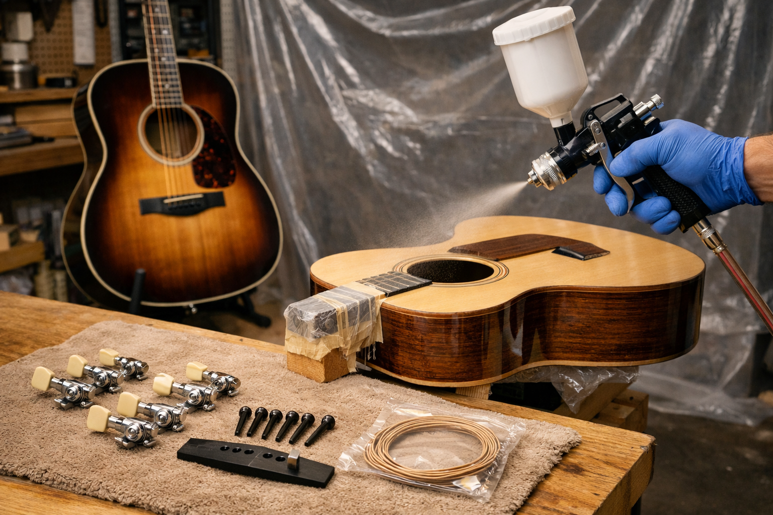 () image showing the final stages of an acoustic guitar kit build. A hand is carefully applying a clear finish to the body