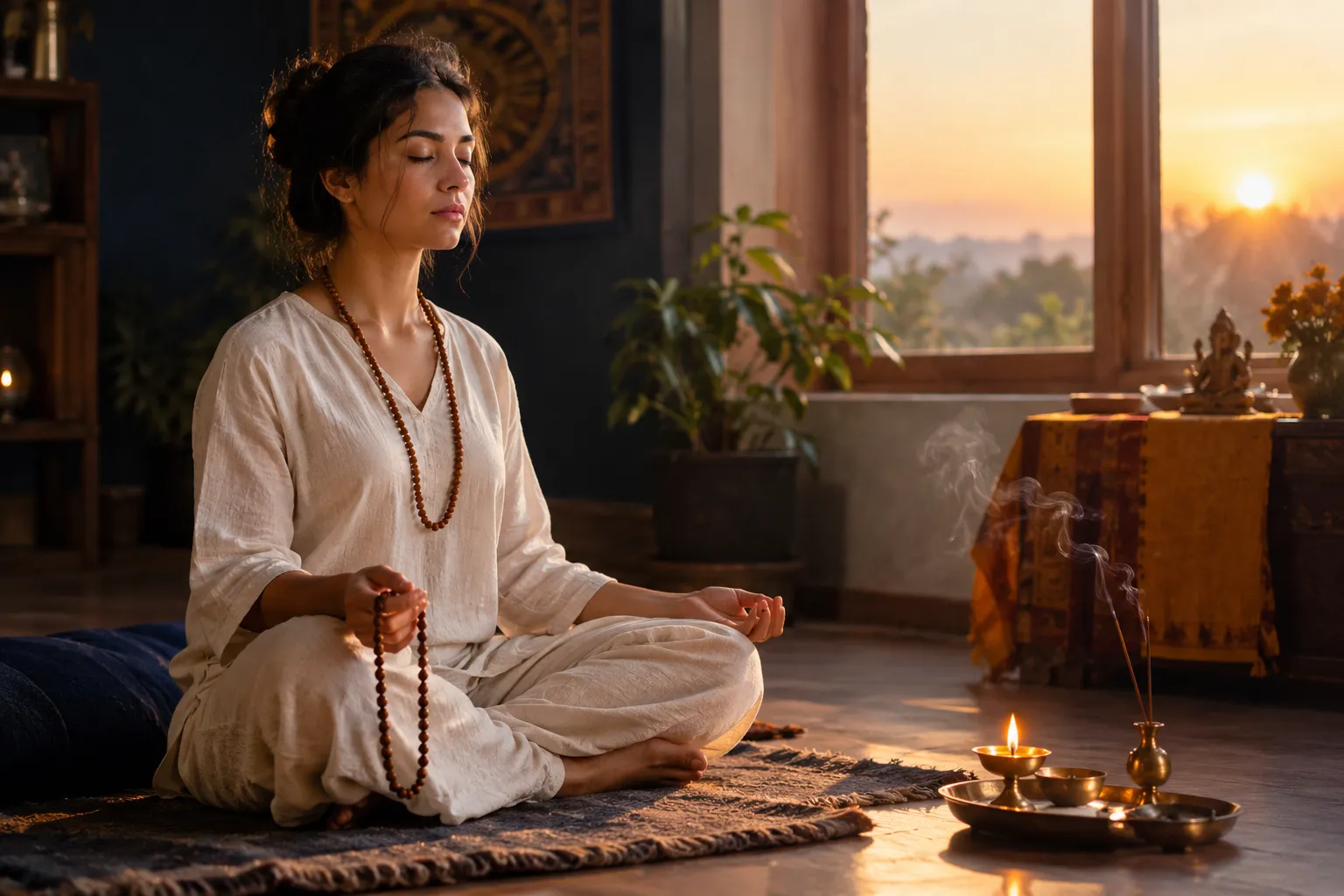 () editorial hero image, no text overlays: a serene meditation space at dawn with soft golden Brahma Muhurta light streaming