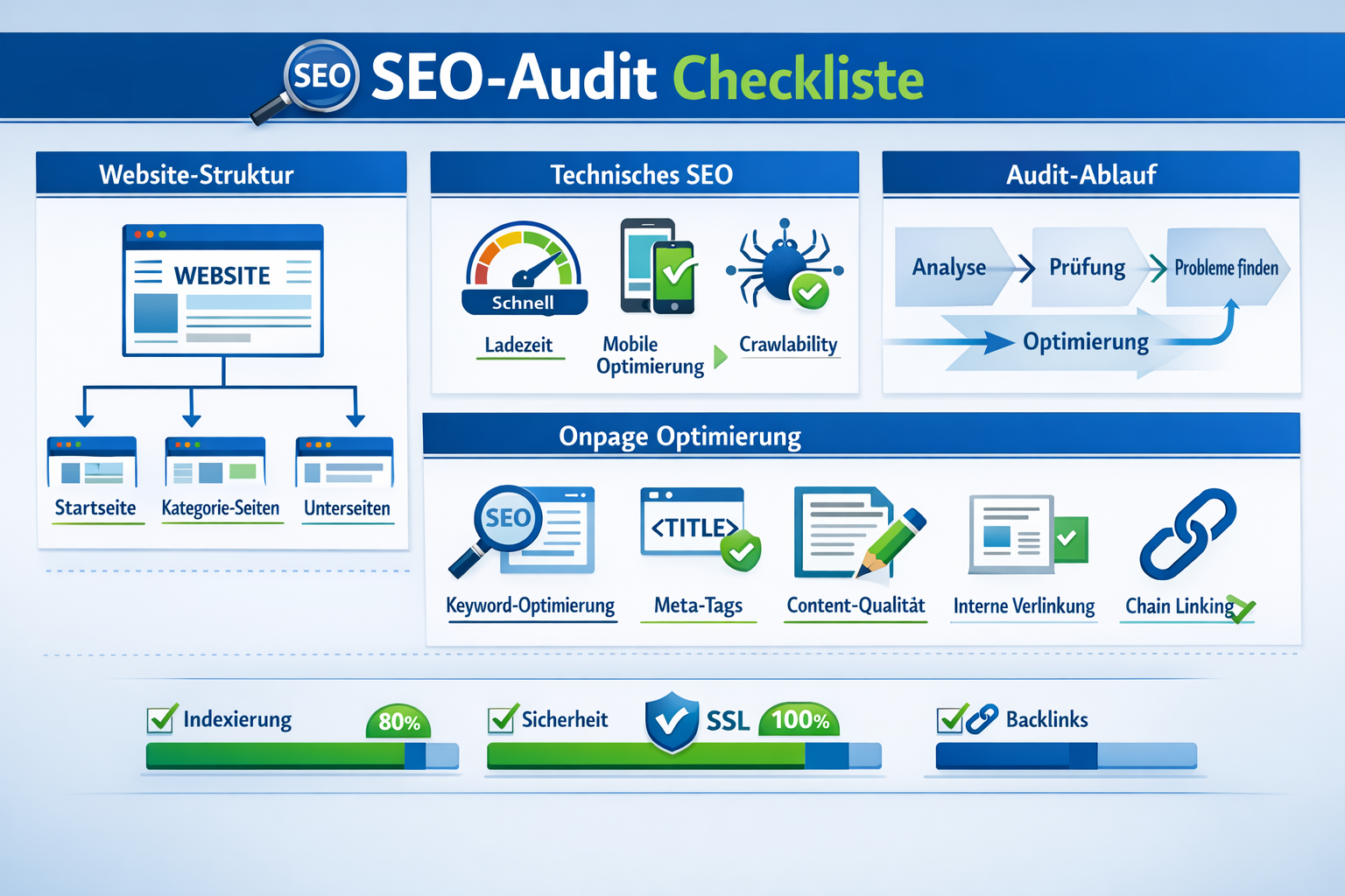 Detailed landscape format (1536x1024) image showing comprehensive SEO audit checklist visualization with colorful infographic elements, feat