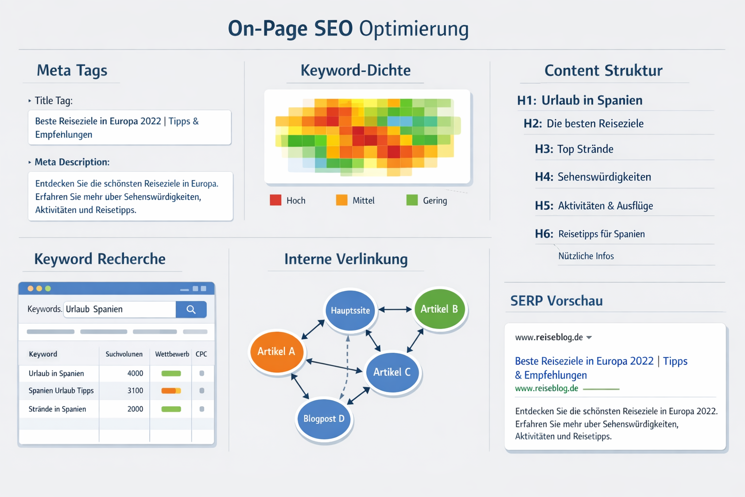 Detailed landscape format (1536x1024) image showcasing on-page SEO optimization elements including meta tags visualization, keyword density 