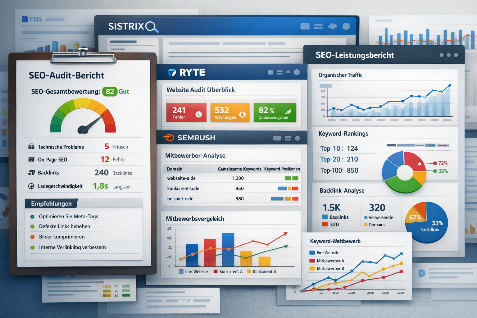 Professional landscape format (1536x1024) visualization of SEO audit tools and reporting dashboard featuring popular German SEO software int