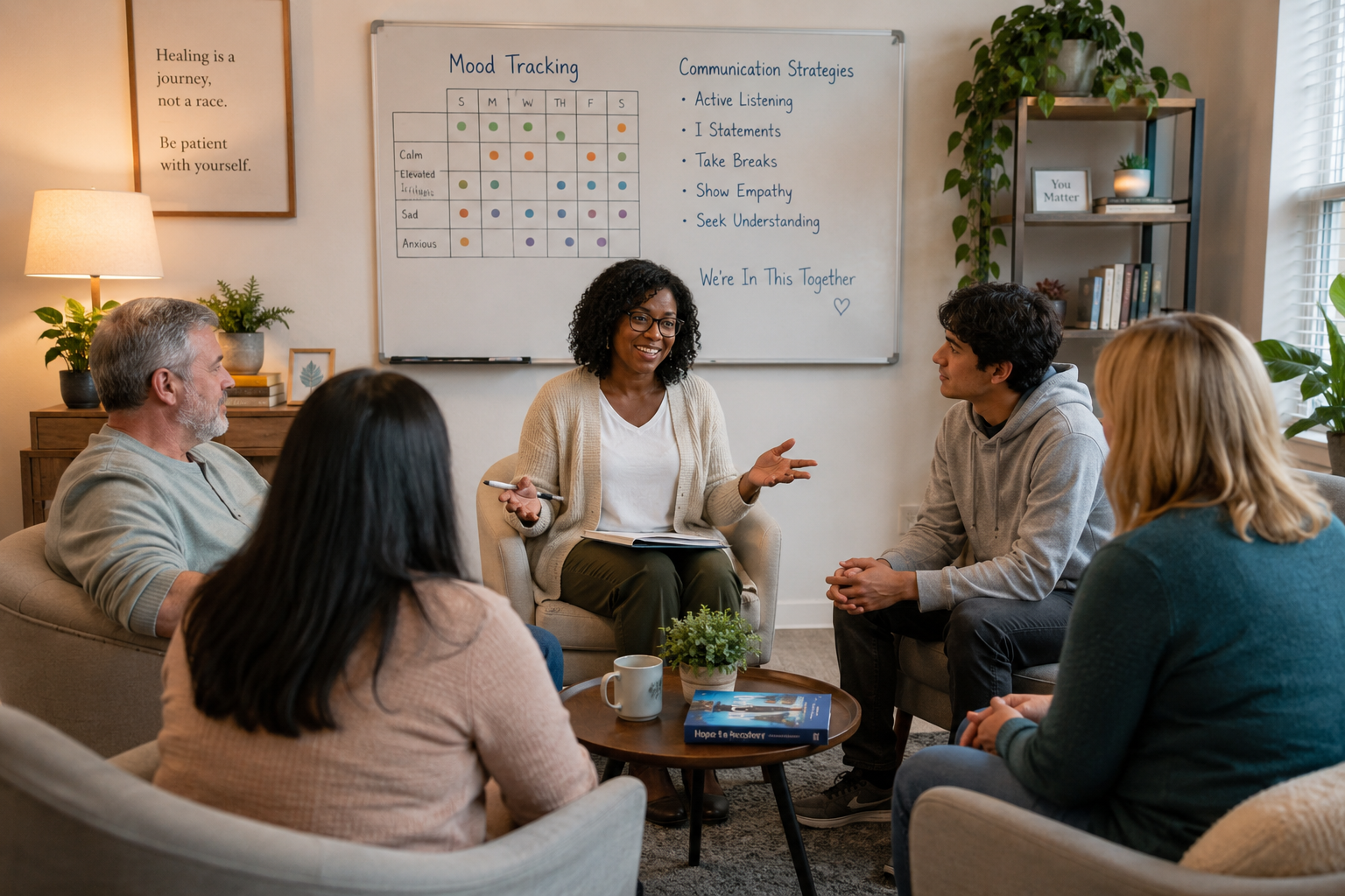 () editorial image showing diverse group of adults sitting in circle during family-focused therapy session, therapist
