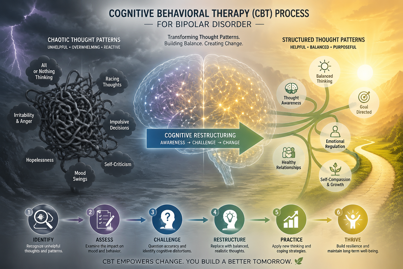 () conceptual illustration of cognitive behavioral therapy process for bipolar disorder, showing thought pattern