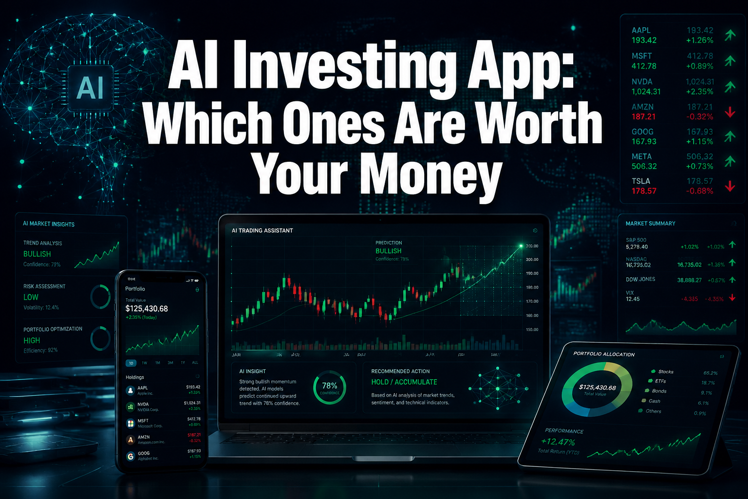 Professional () hero image with : 'AI Investing App: Which Ones Are Worth Your Money' in extra large white with deep effect,