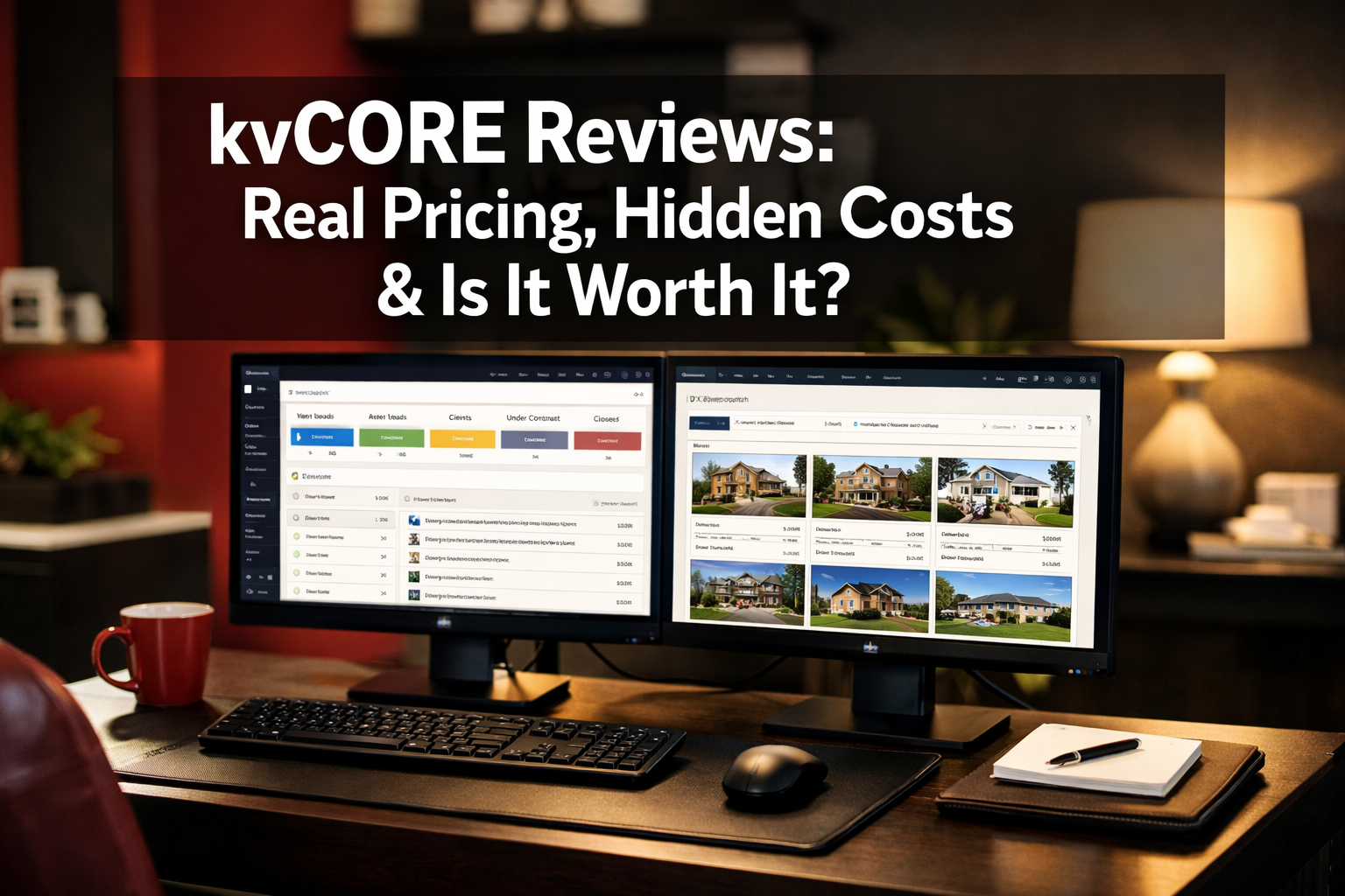 Professional () hero image with : 'kvCORE Reviews: Real Pricing, Hidden Costs & Is It Worth It?' in extra large white with