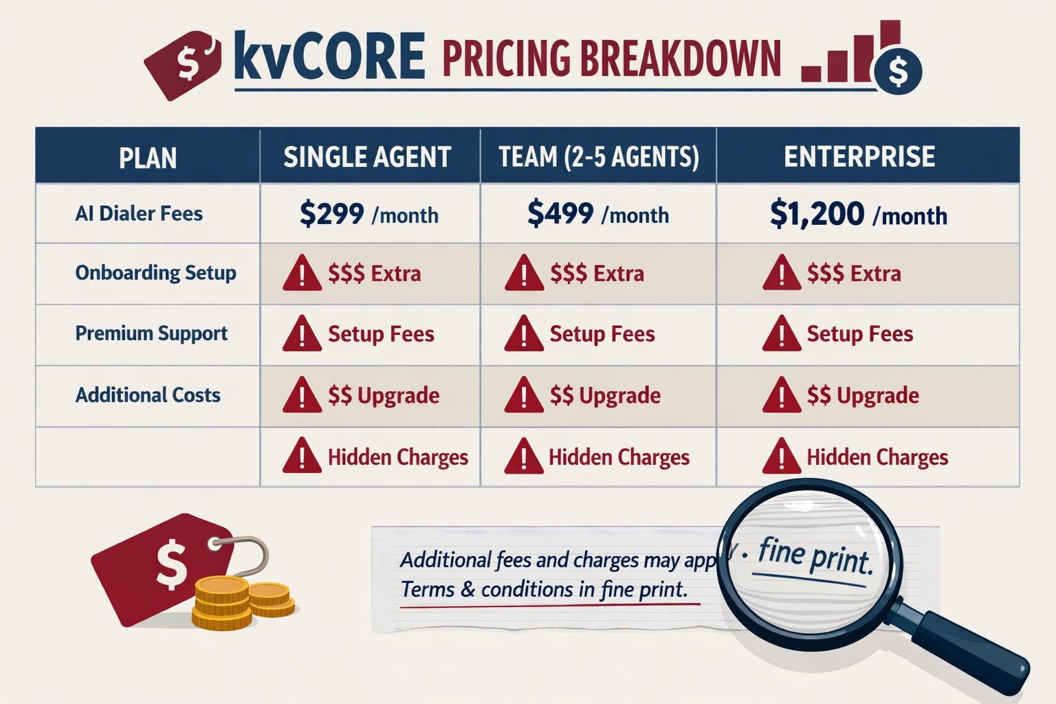 () infographic-style illustration showing a detailed pricing breakdown table for kvCORE platform tiers: single agent