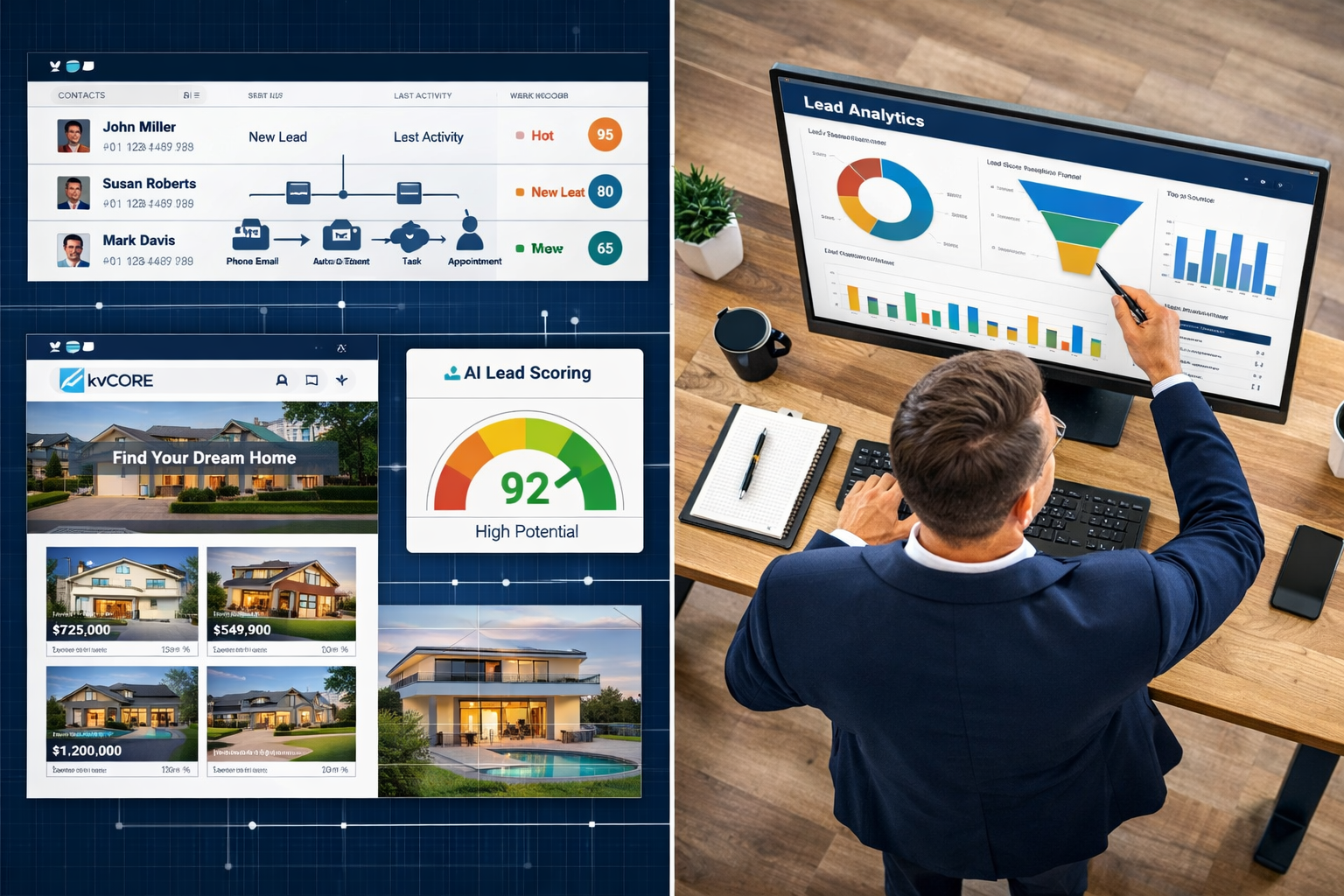 () split-screen concept image showing kvCORE platform features dashboard on the left: CRM contact cards, smart automation