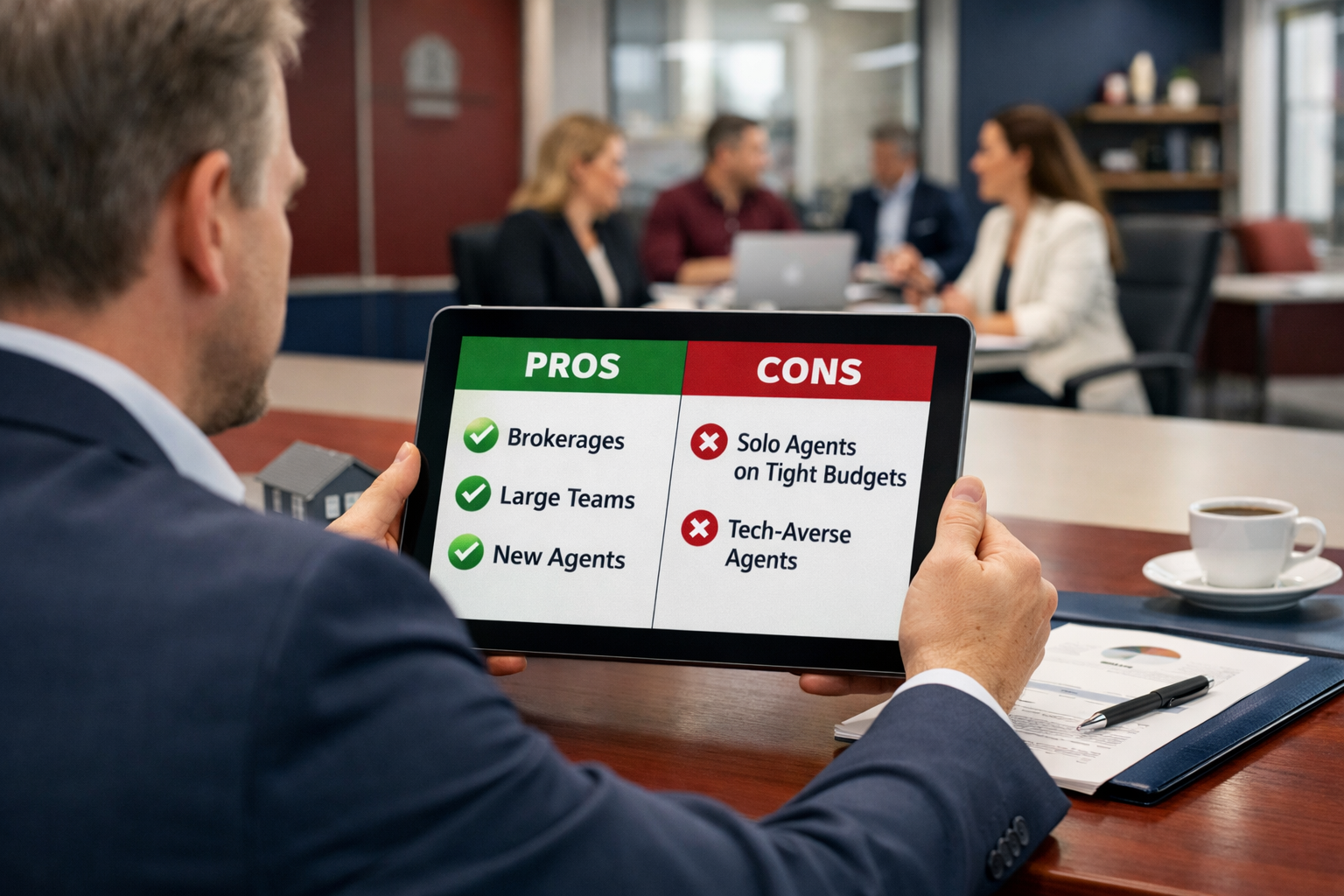 () concept image showing a real estate broker at a conference table reviewing a pros and cons checklist on a tablet, with a