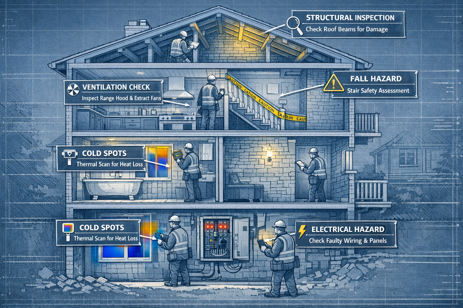 () cross-section architectural illustration of multi-story residential building showing surveyor assessment points for