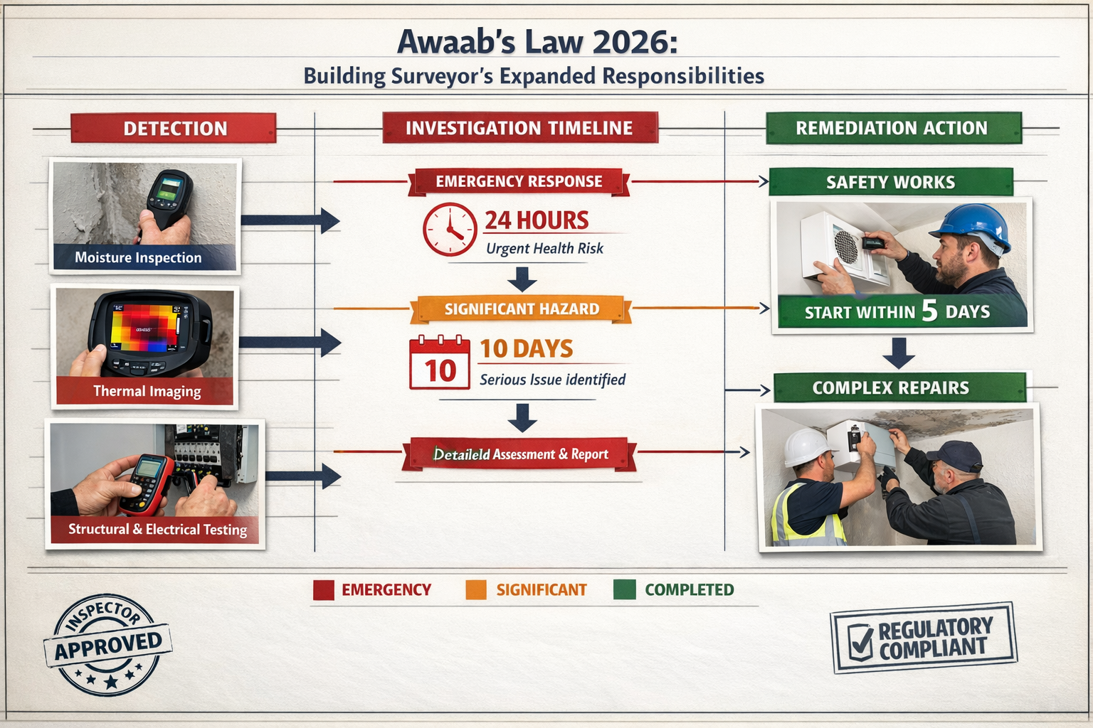 () professional compliance workflow diagram showing building surveyor's expanded responsibilities under Awaab's Law 2026.