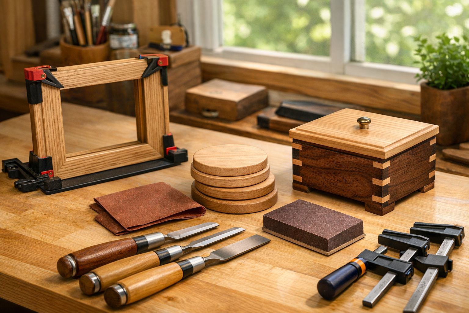 A detailed landscape image () showcasing a vibrant workshop scene where various stages of small DIY woodworking gift