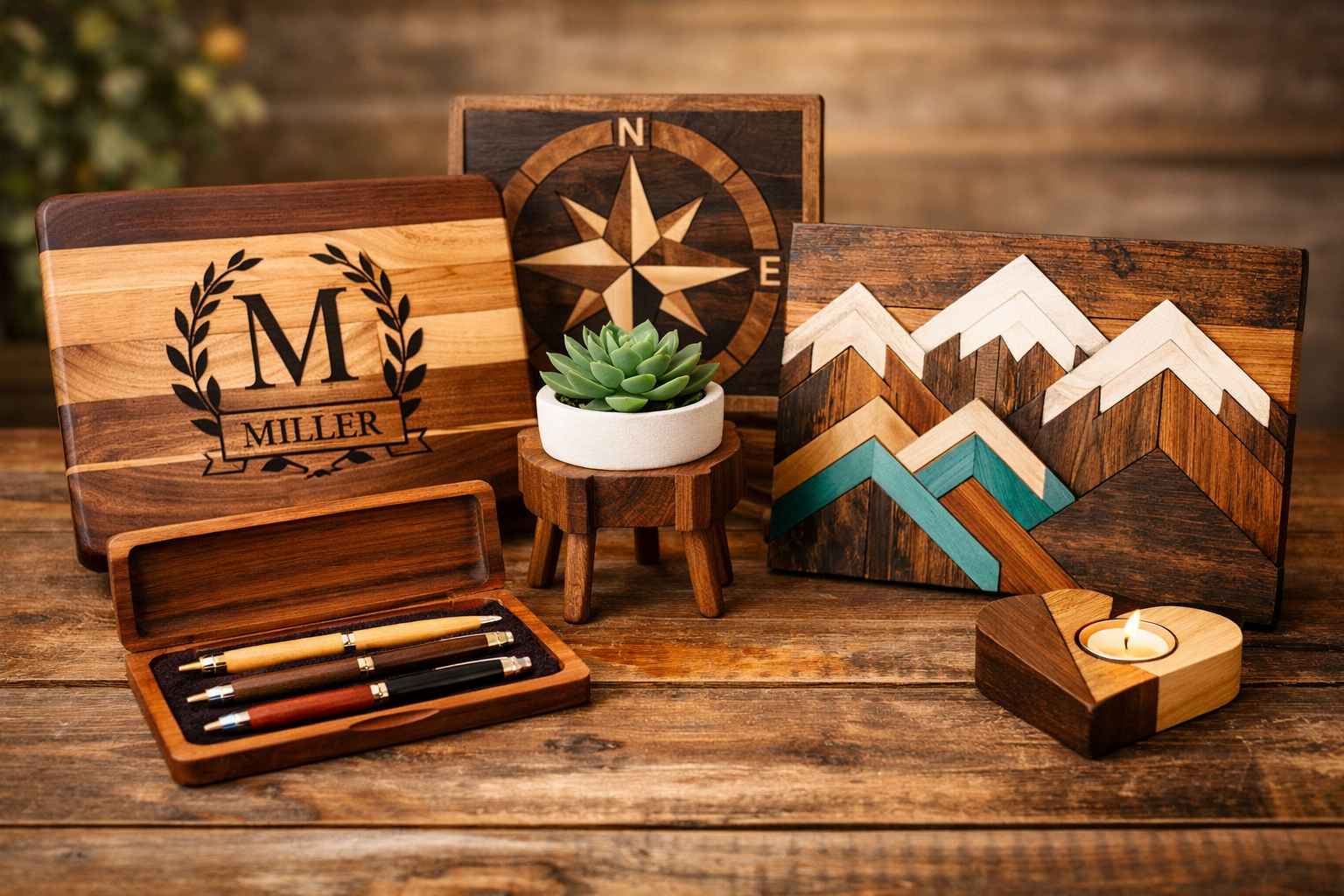 A landscape image () depicting a diverse collection of finished DIY woodworking gifts arranged elegantly on a rustic wooden