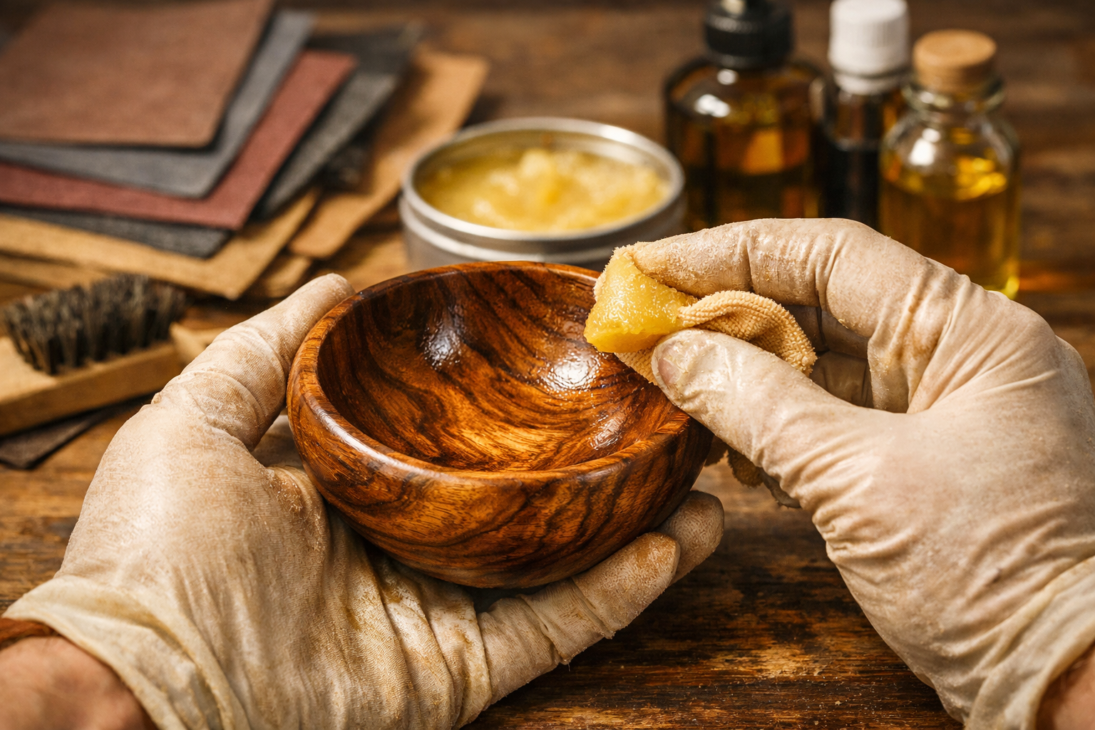 A close-up landscape image () focusing on the intricate details and finishing touches of a DIY woodworking gift. A pair of