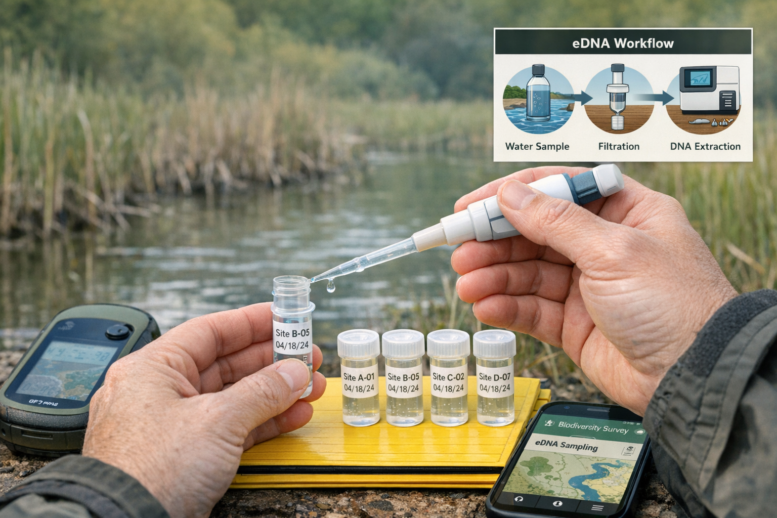 Detailed () image showing close-up of field surveyor's hands pipetting water sample into sterile eDNA collection tube, with