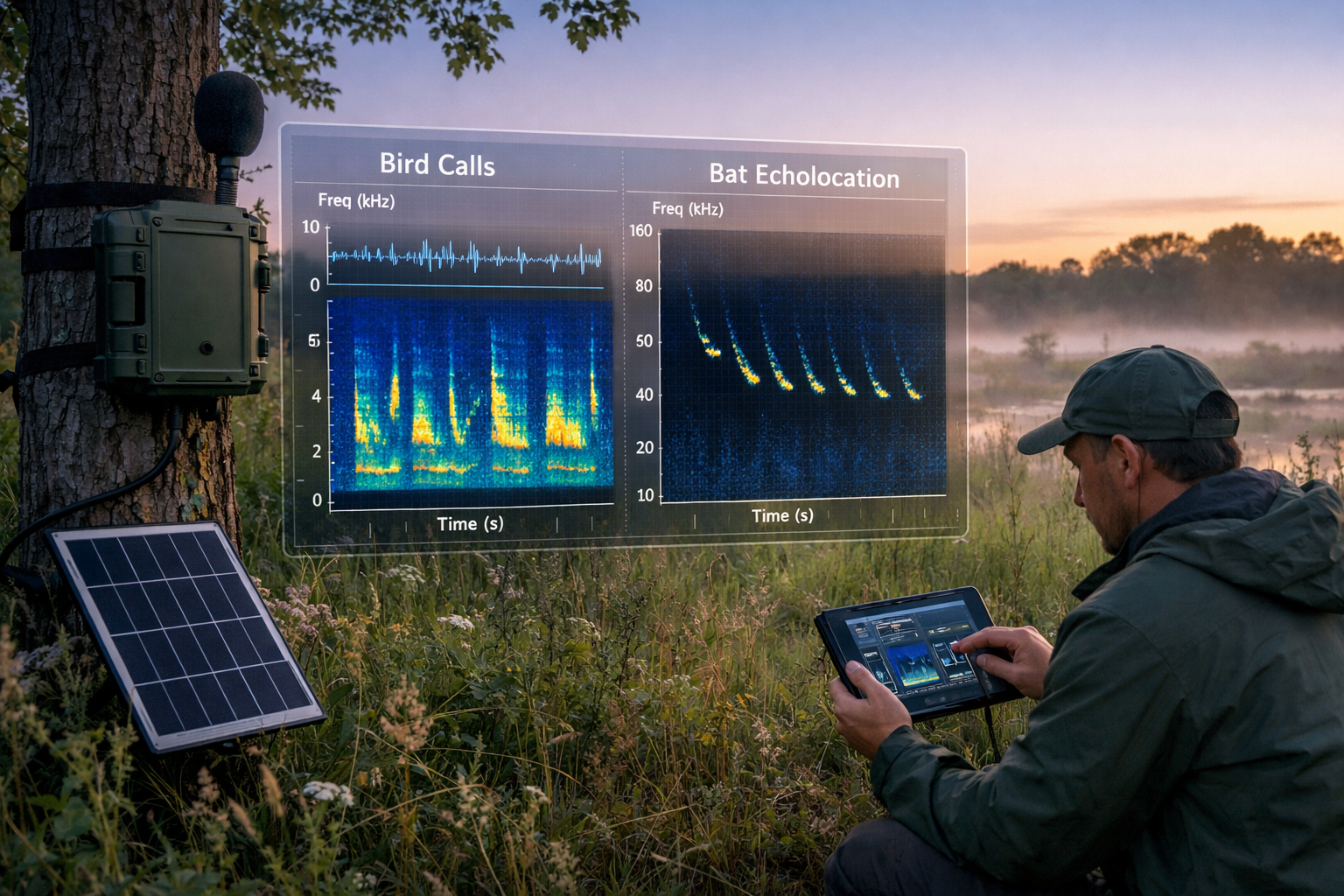 Wide-angle () photograph of acoustic monitoring station setup in diverse habitat showing weatherproof recording device