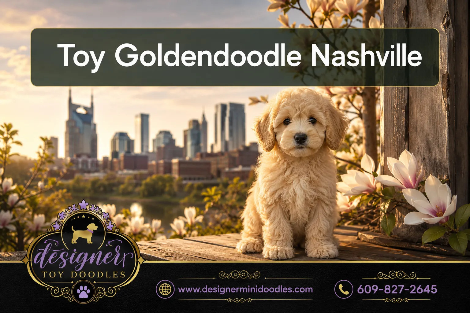 Professional () editorial hero image with 'Toy Goldendoodle Nashville' in crisp white on a semi-transparent dark green